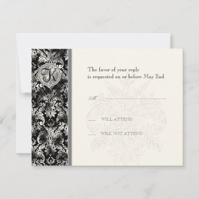 Fleur di Lys Damask - Carte de réponse RSVP noire (Devant)