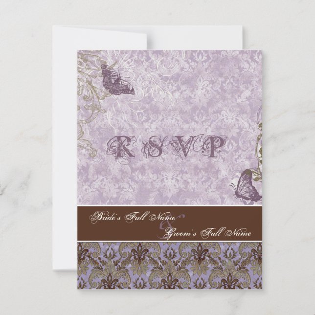 Fleur di Lys Damask - Carte de réponse RSVP violet (Devant)