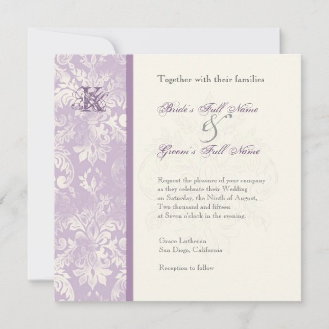 Fleur di Lys Damask - Lilac Faire-part de mariage (Devant)