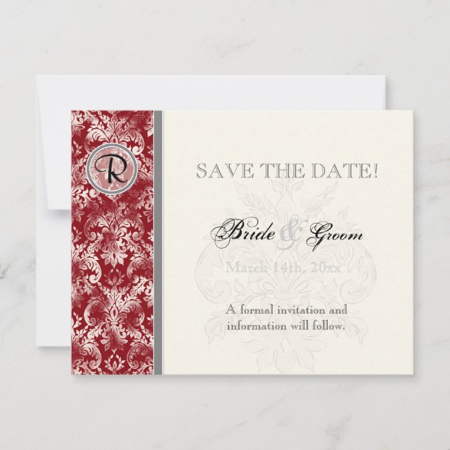 Fleur di Lys Damask - Wine Save the Date Card (Front)