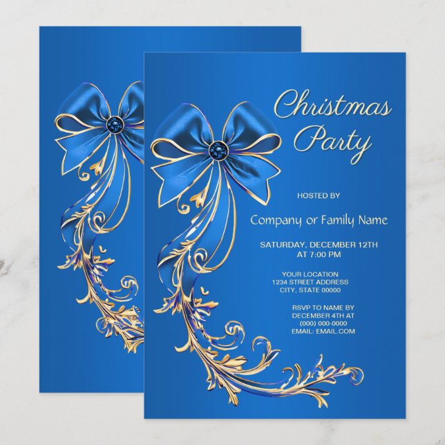 Fleur d'or bleu Noël Invitation (Devant / Derrière)