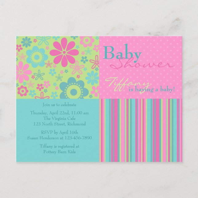 Fleur Fizz rose et bleu ・ Invitation Baby shower (Devant)