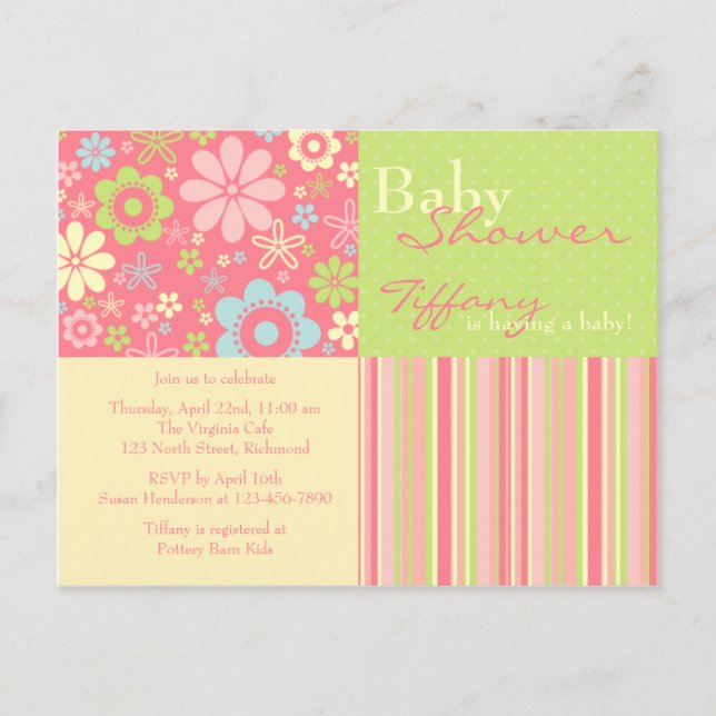 Fleur Fizz rose et vert ・ Invitation Baby shower (Devant)
