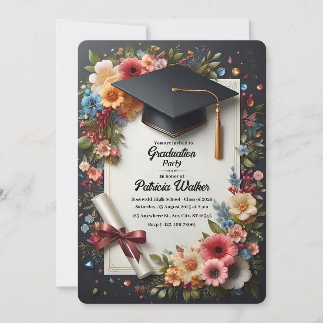 Fleur foncée Elégant Graduation Party Invitation (Devant)