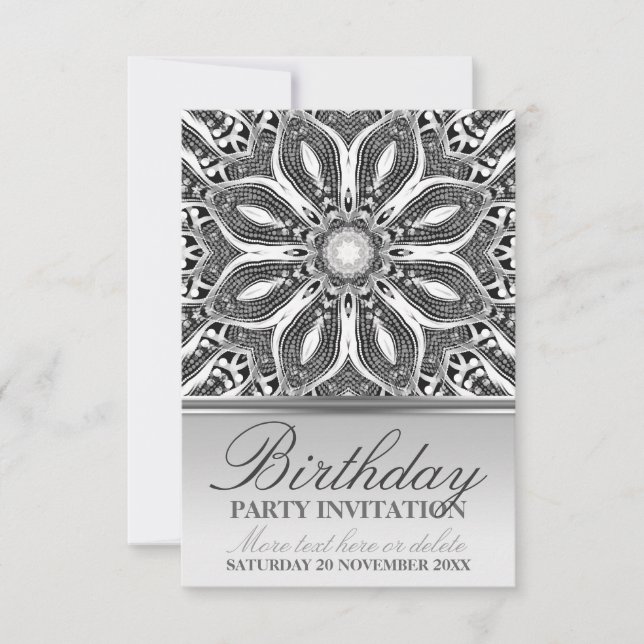 Fleur géométrique Argent Invitation de fête d'anni (Devant)