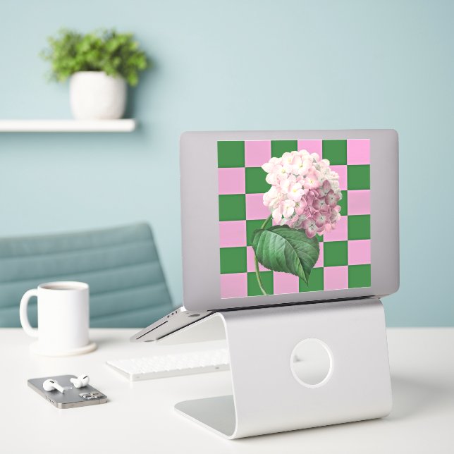 Fleur Hydrangea sur le plaisir À damiers Sticker (Ordinateur portable sur le bureau)