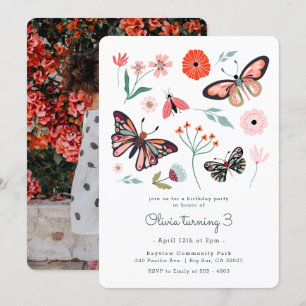 Fleur papillon rose Invitation d'anniversaire