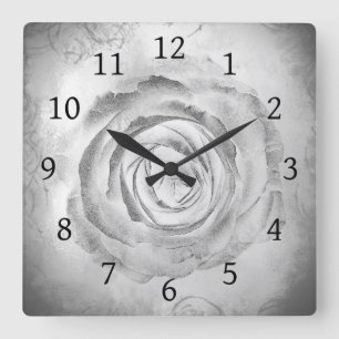 Fleur rose 13 Carré noir et blanc Horloge murale