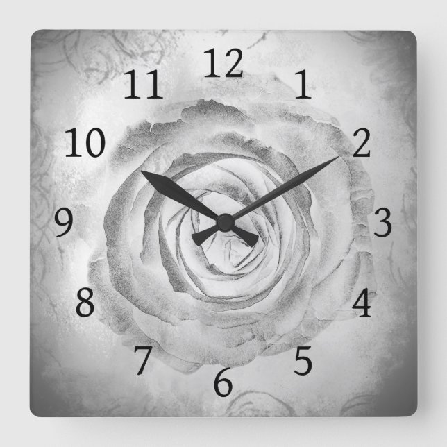 Fleur rose 13 Carré noir et blanc Horloge murale (Recto)