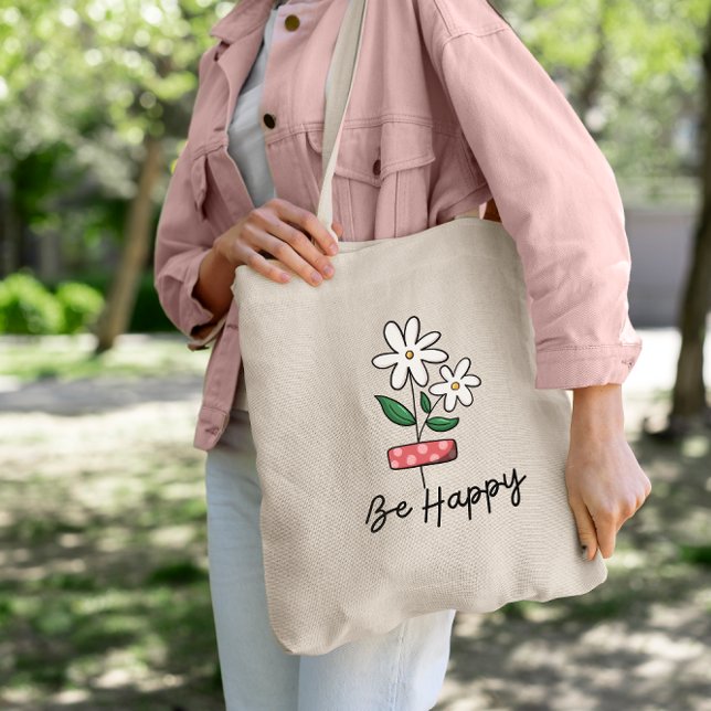 Fleur rose blanche Soyez heureux Sac fourre-tout (Créateur téléchargé)