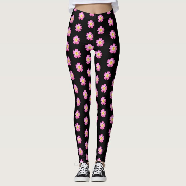 Fleur rose mignonne motif sur leggings noirs (Devant)