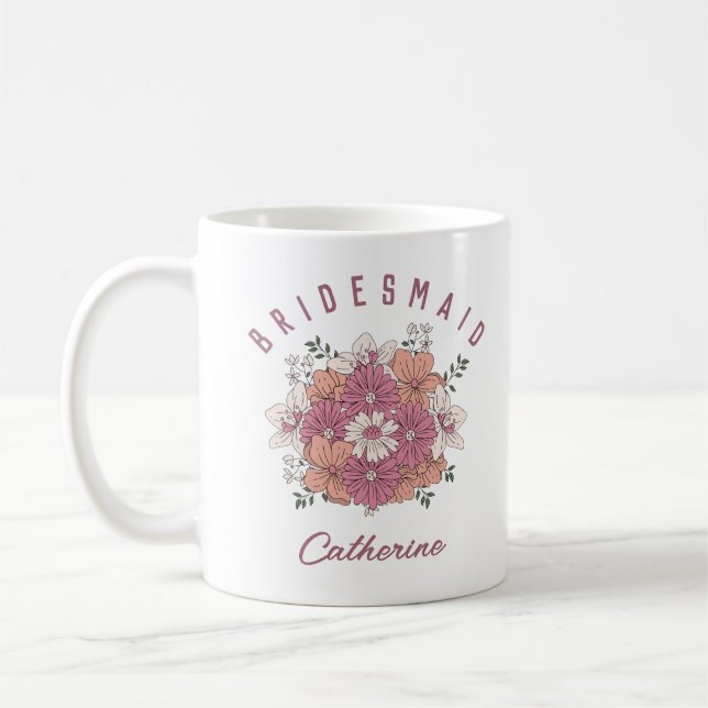 Fleur rose rétro Nom personnalisé Bridesmaid Mug (Gauche)