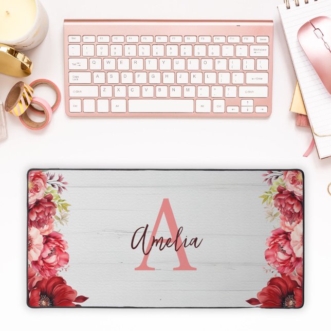 Fleur rouge élégante monogramme personnalisée (Custom Monogrammed Elegant Red Flower Desk Mat
)
