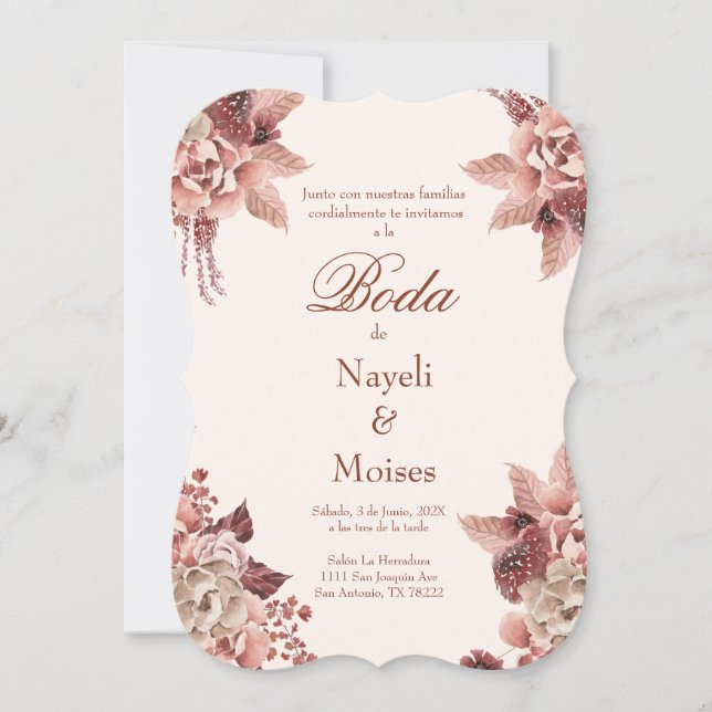 Fleur rouge et rose faire-part de mariage espagnol (Devant)
