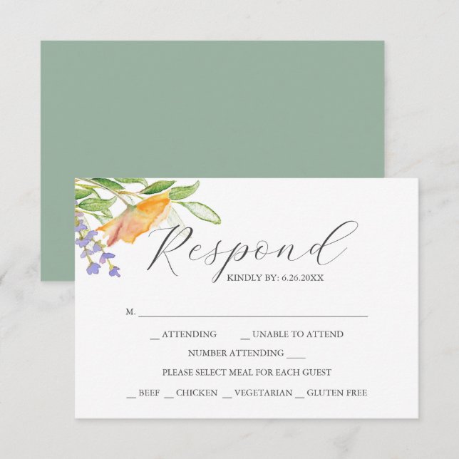 Fleur sauvage avec cartes RSVP de choix de repas (Devant / Derrière)