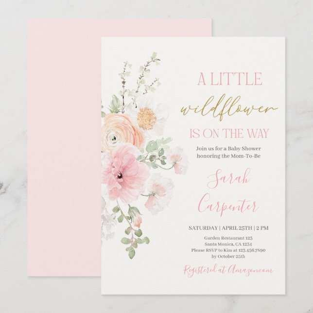 Fleur sauvage Baby shower Invitation fille (Devant / Derrière)