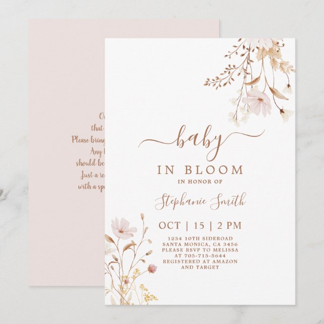 Fleur sauvage Baby shower Invitation fille (Devant / Derrière)