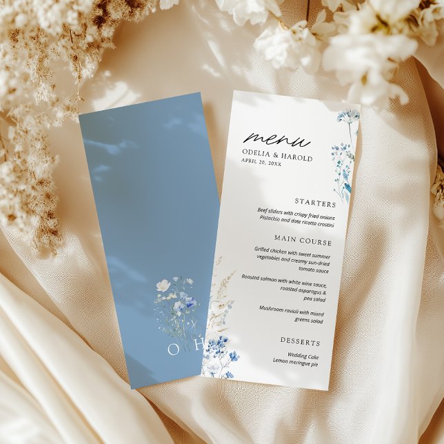 Fleur sauvage bleu Monogramme Mariage plat menu (Créateur téléchargé)