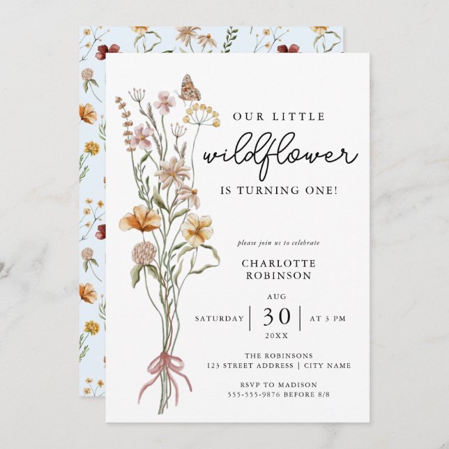 Fleur sauvage Boho été 1er anniversaire Invitation (Devant / Derrière)