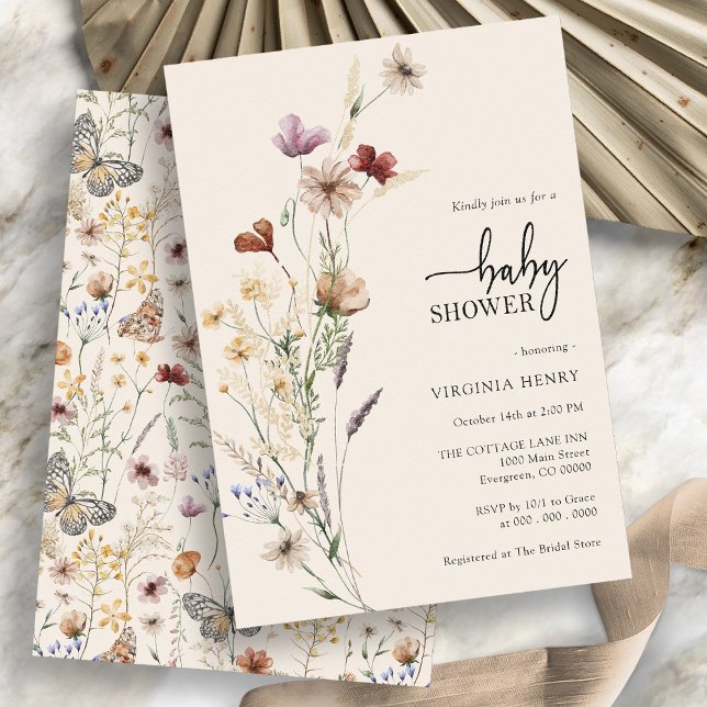 Fleur sauvage Boho Floral Baby shower Invitation (Boho Floral Wildflower Baby Shower Invitation with whimsical pattern on the back by Painted Paperie
)