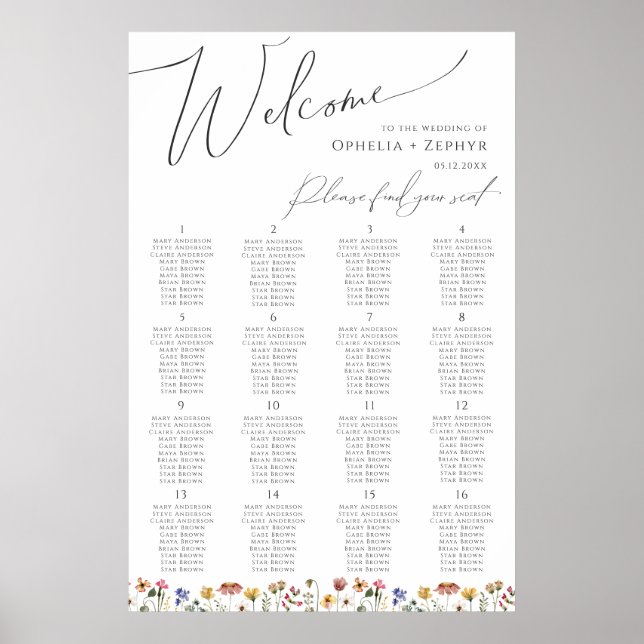 Fleur sauvage Boho | Tableau des sièges des numéro (Devant)