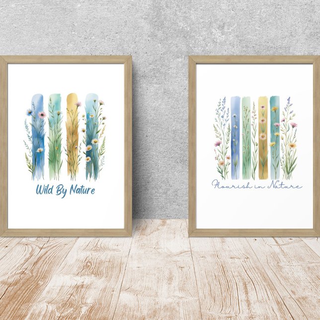 Fleur sauvage Brush Stroke Aquarelle Bleu Vert (Blue Green Gold Wildflowers Brush Stroke Watercolor Poster Prints. Set of 2. Wild by Nature,)