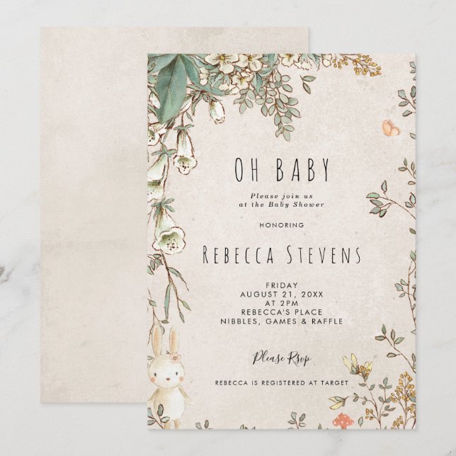 fleur sauvage bunny neutre invitation baby shower (Devant / Derrière)