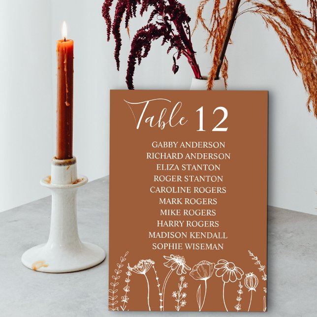 Fleur sauvage Croquis Orange Numéro de table Siège (Table Number with Guest Names in Terracotta Burnt Orange, from my Wildflower Sketch collection)