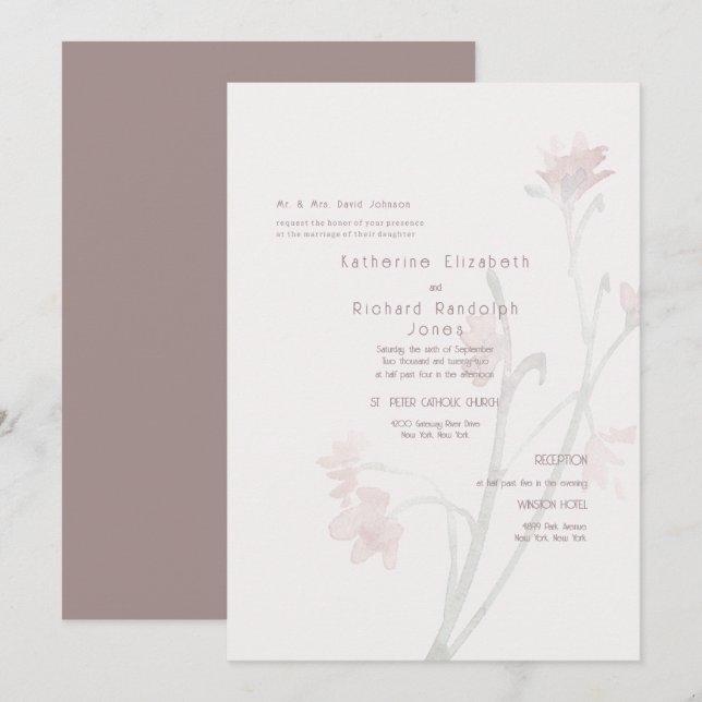 Fleur sauvage Dusty Rose Faire-part de mariage (Devant / Derrière)
