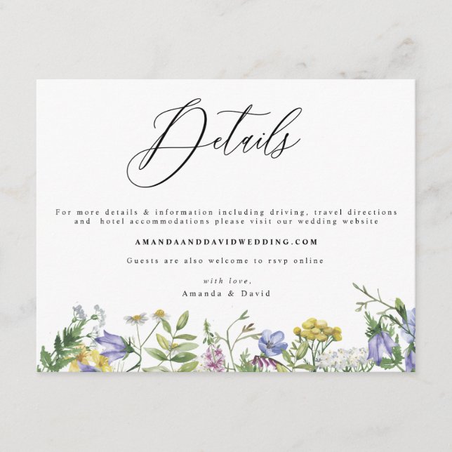 Fleur sauvage Garden Boho Mariage Détails Carte (Devant)
