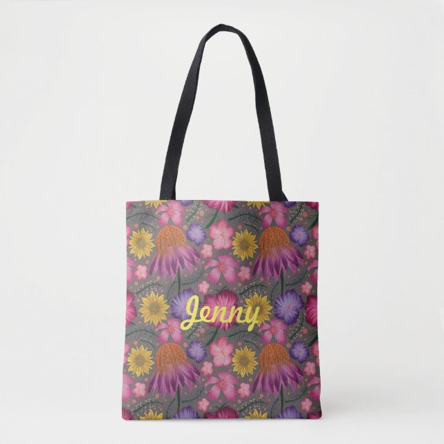 Fleur sauvage Grey Floral Sac fourre-tout personna (Devant)