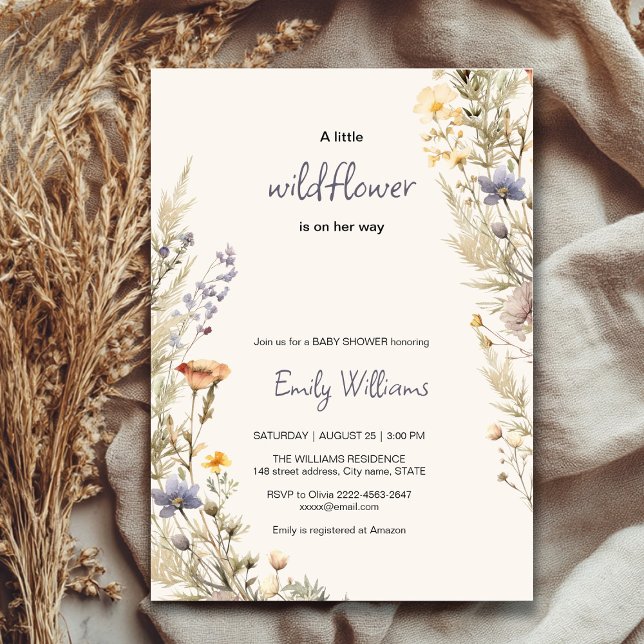 Fleur sauvage meadow boho baby shower invitation (A little wildflower elegant rustic boho watercolor baby shower invitation, baby in bloom)