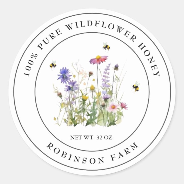 Fleur sauvage Miel Étiquette avec abeilles (Devant)