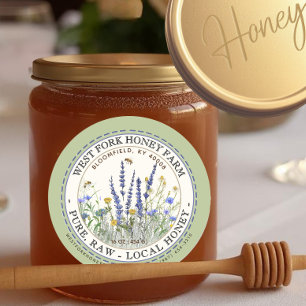 Fleur sauvage Miel Étiquette avec abeilles pointil