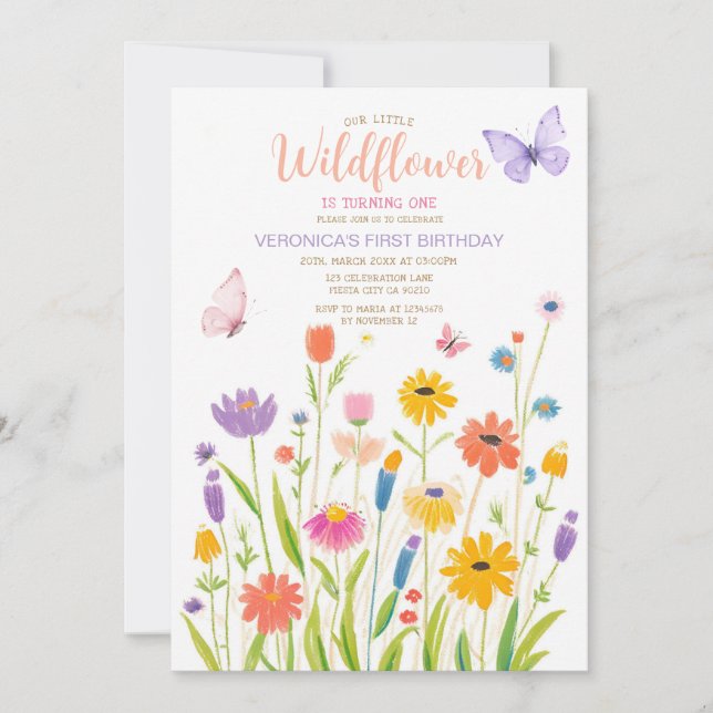 Fleur sauvage papillon 1er anniversaire Invitation (Devant)
