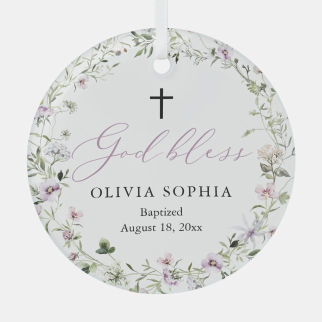 Fleur sauvage Purple Girl Cross Baptême Ornement (Recto)