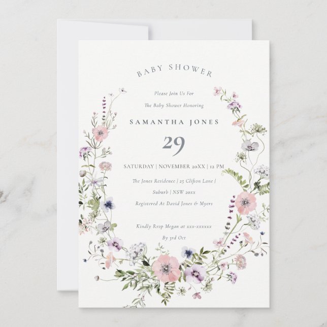 Fleur sauvage rose Lilac Baby shower Invitation (Devant)