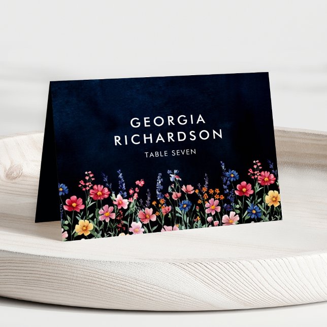 Fleur sauvage Rustic Pays Nom de l'hôte Carte de l (Wildflower Navy vibrant wedding guest name place card)