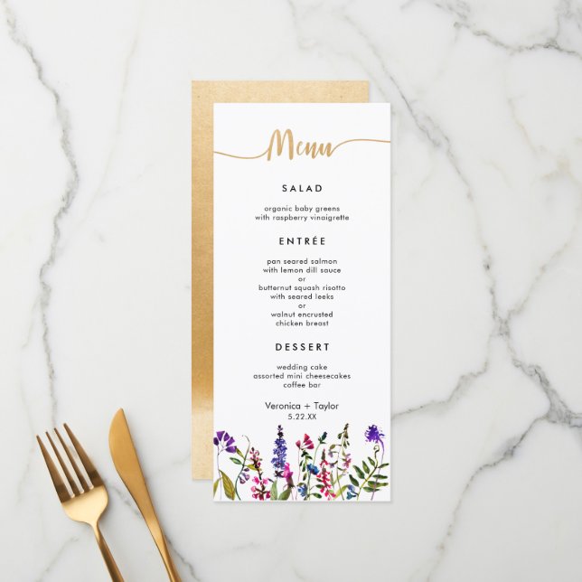 Fleur sauvage Simple 3 plats mariage menu (Devant/Arrière en situation)