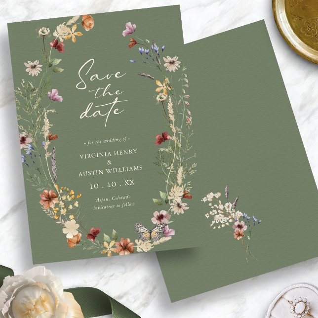 Fleur sauvage Vert Sage Enregistrer La Carte Plat  (Watercolor Sage Green Wildflower Save The Date Flat Card with Butterfly by Painted Paperie)