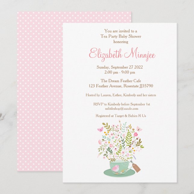 Fleur Tea party Baby shower invitation couleur ros (Devant / Derrière)