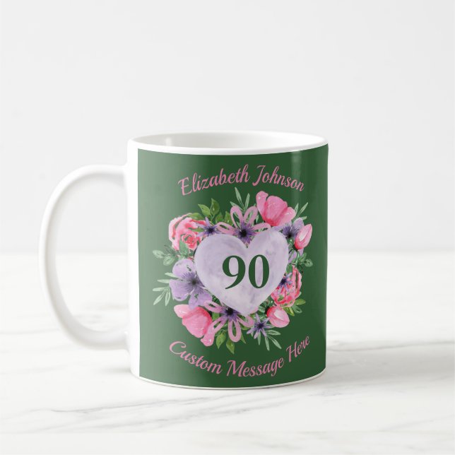 Fleur verte 90ème Anniversaire Mug pour femmes (Gauche)