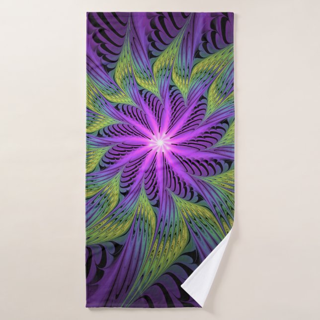 Fleuron vert violet Art Abstrait fractal moderne (Serviette de bain)