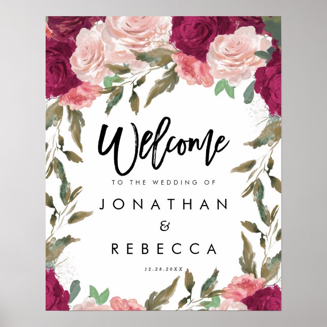 fleurons rose bordeaux mariage affiche de bienvenu (Devant)