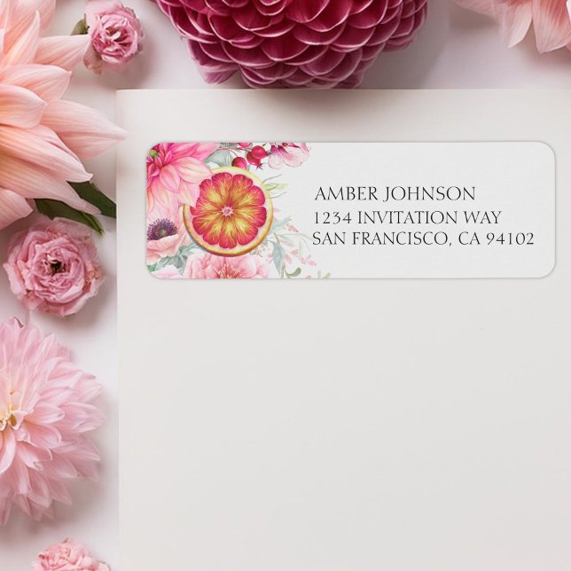 Fleurs Aquarelle Rose Citron Baby Shower (Citrus and pink watercolor flowers baby shower return address labels, girl baby shower)