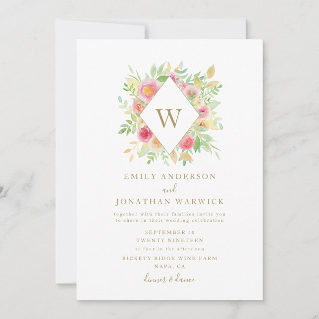 Fleurs aquarelles Faire-part de mariage géométriqu (Devant)