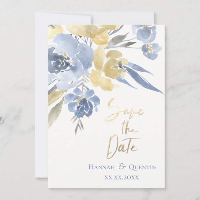 fleurs aquarelles jaune bleu save the date (Devant)