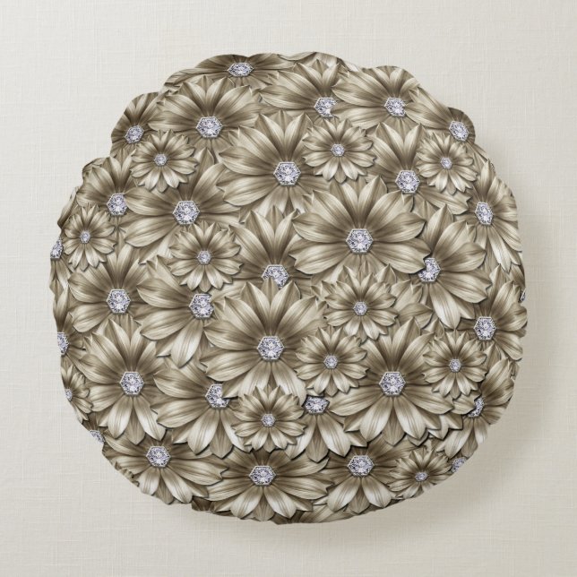 Fleurs avec Diamants Coussin Rond (Devant)