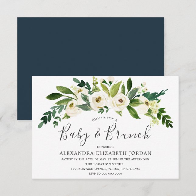 Fleurs blanches Blooming Baby & Brunch Invitation (Devant / Derrière)