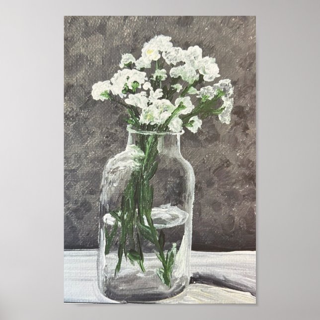 Fleurs blanches dans un poster de vase transparent (Devant)